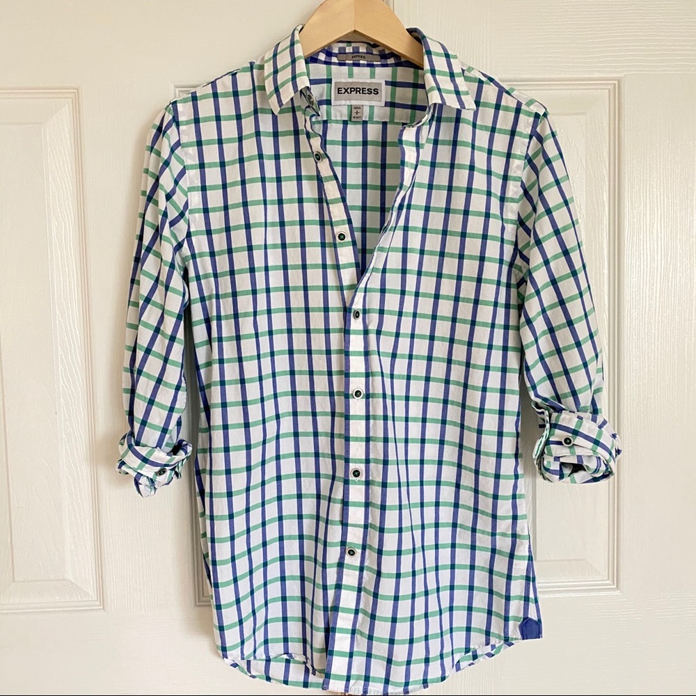 Express Fitted Blue Green Plaid Button-up Shirt